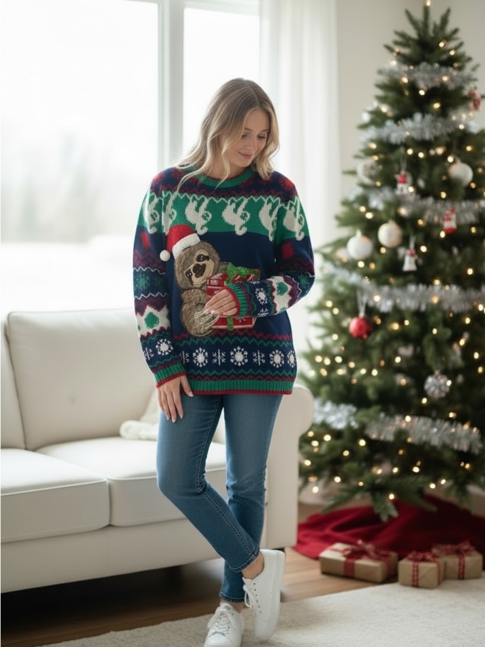 Christmas Sloth Knit Sweater - Navy, Green & Red